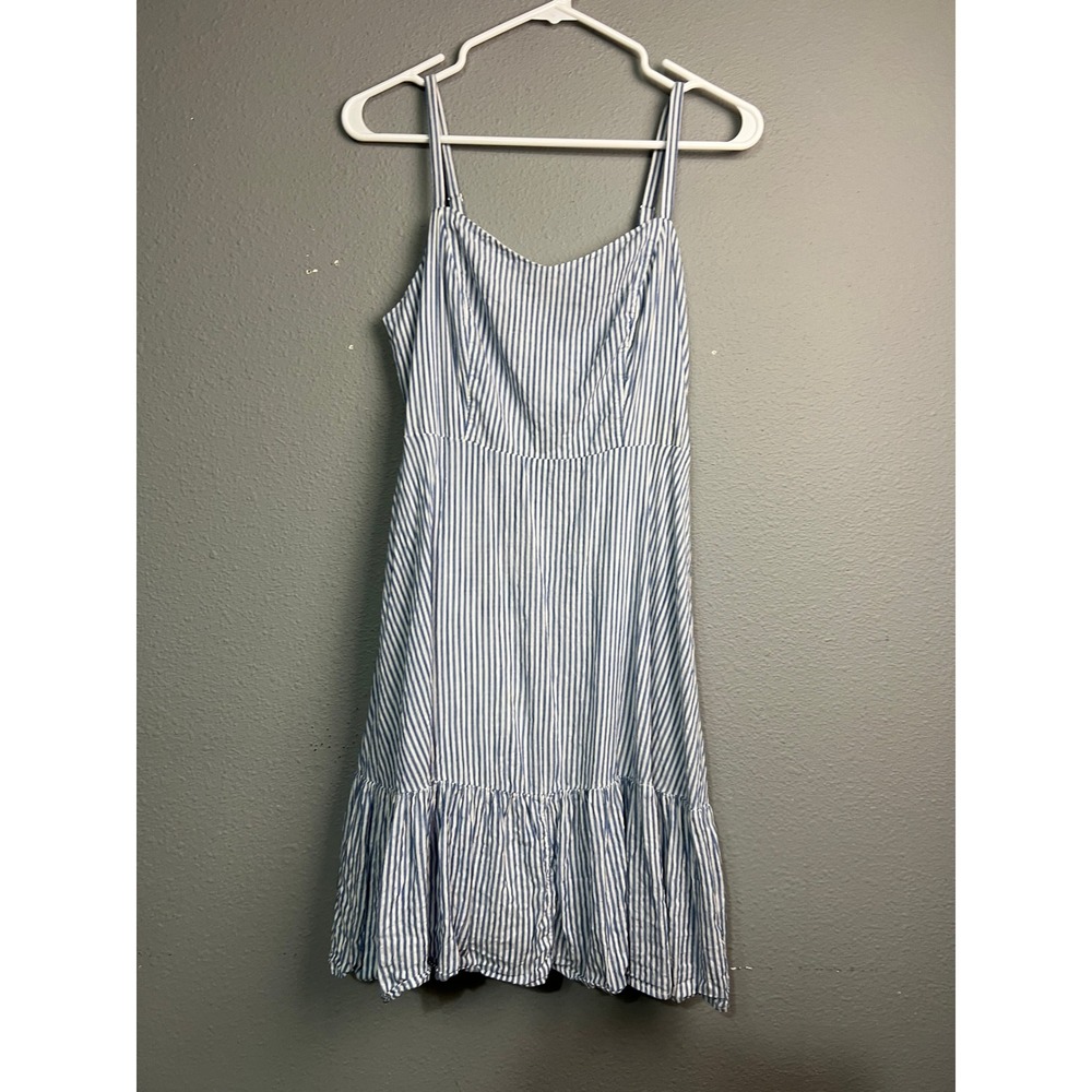Blue and White Striped Ruffle Hem Smocked Back Summer Sundress Sleeveless V-Neck
